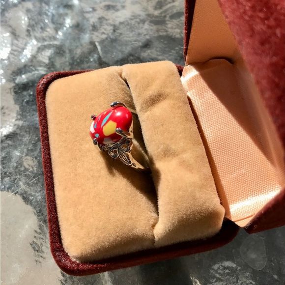 Red Coral Ring with Silver Toned Setting & Band - Picture 3 of 7